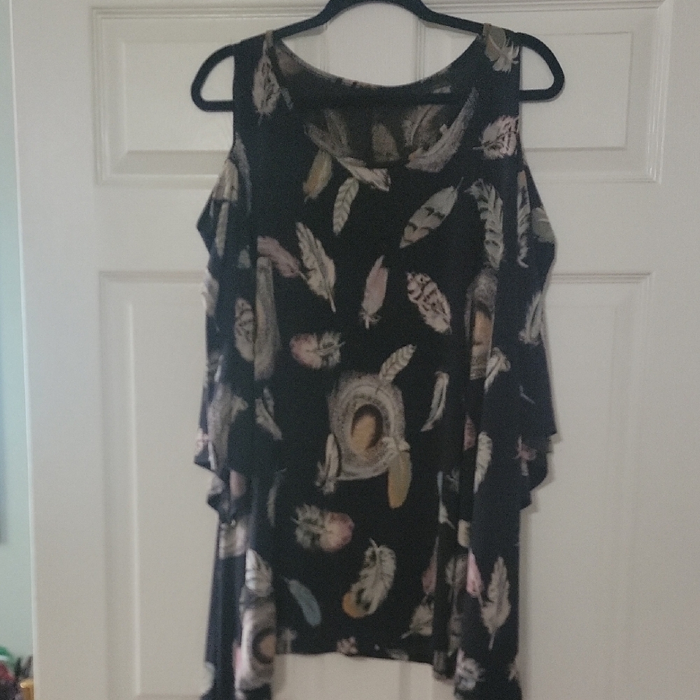 Women’s Black Feather-Print Cold Shoulder Blouse
